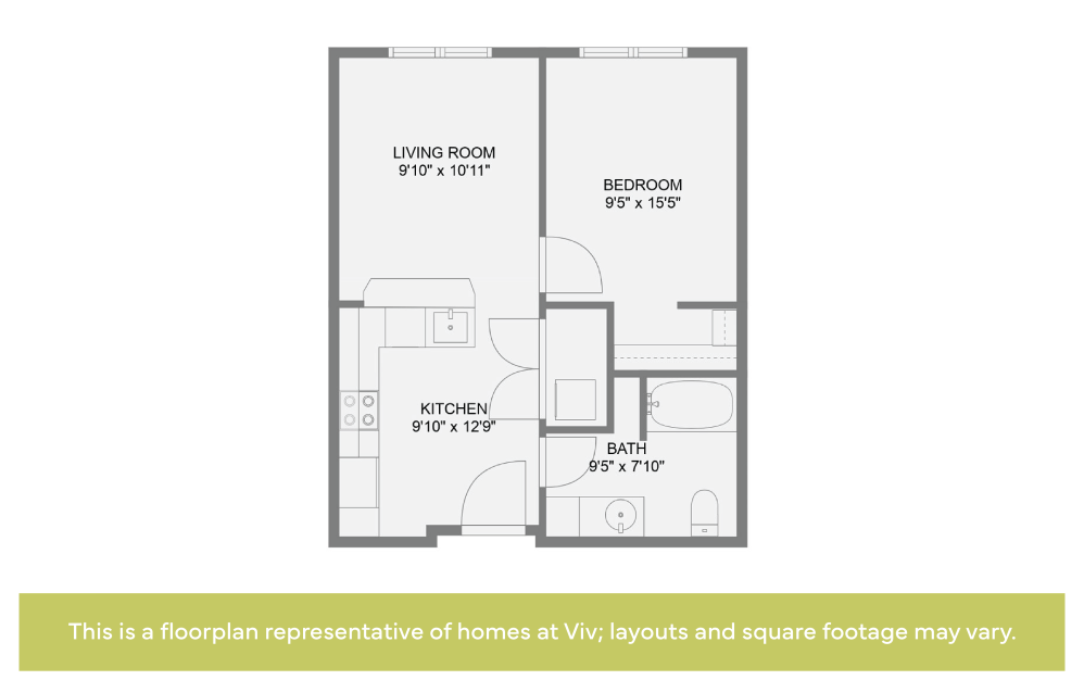 1x1 - 60% AMI - 1 bedroom floorplan layout with 1 bath and 431 to 721 square feet. (Sample 2)