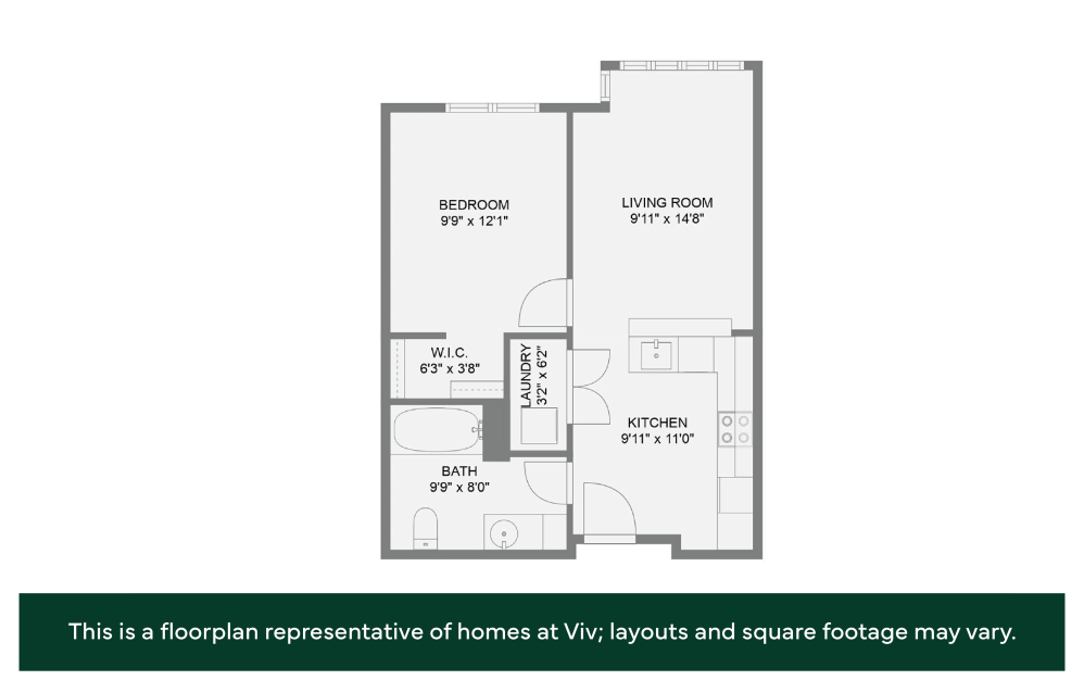 1x1 - 60% AMI - 1 bedroom floorplan layout with 1 bath and 431 to 721 square feet. (Sample 1)