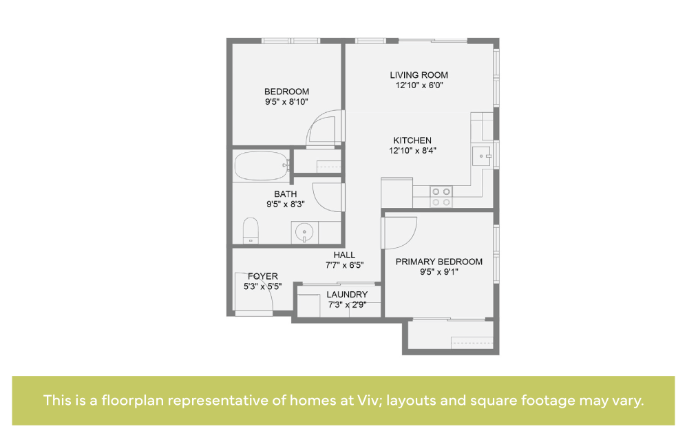 2x1 - 60% AMI - 2 bedroom floorplan layout with 1 bath and 597 to 879 square feet. (Sample 1)