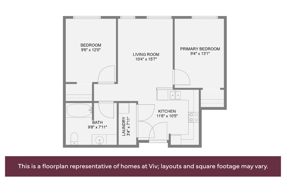 2x1 - 60% AMI - 2 bedroom floorplan layout with 1 bath and 597 to 879 square feet. (Sample 2)