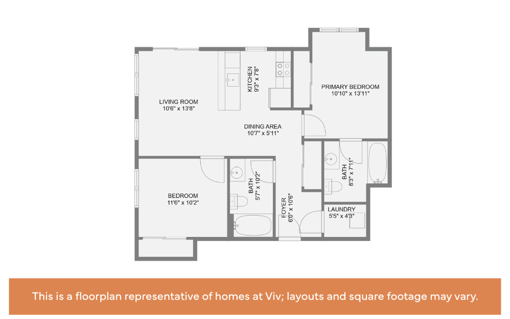 2x2 - 60% AMI - 2 bedroom floorplan layout with 2 bathrooms and 766 - 933 square feet (Sample 3)