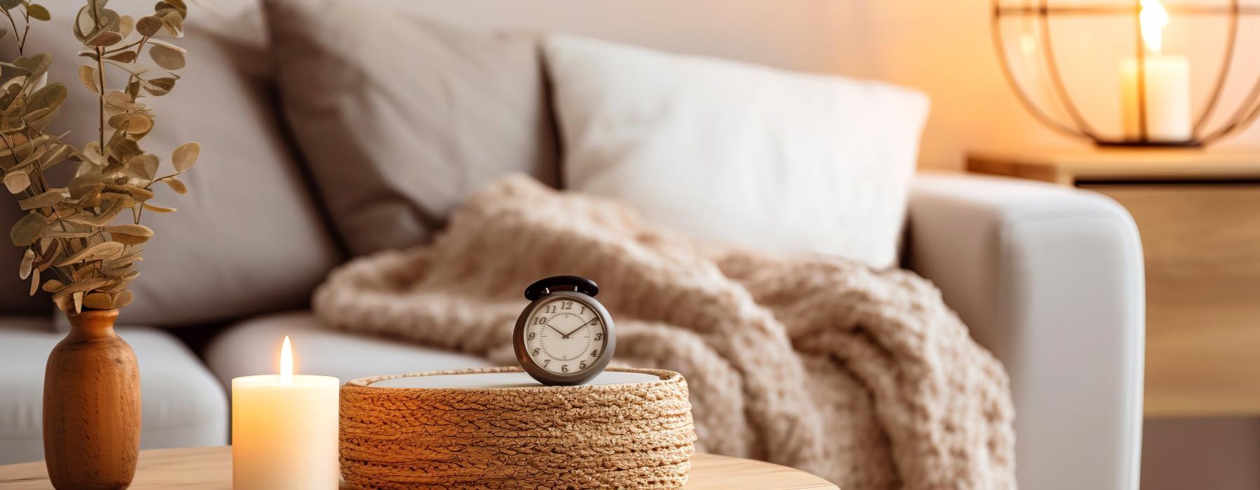 a couch coffee table and clock on it